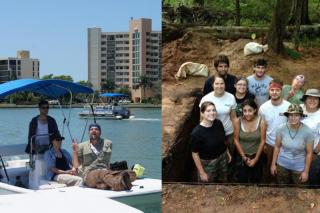 left section: Florida boat ride; right section: students standing in Singer-Moye grid
