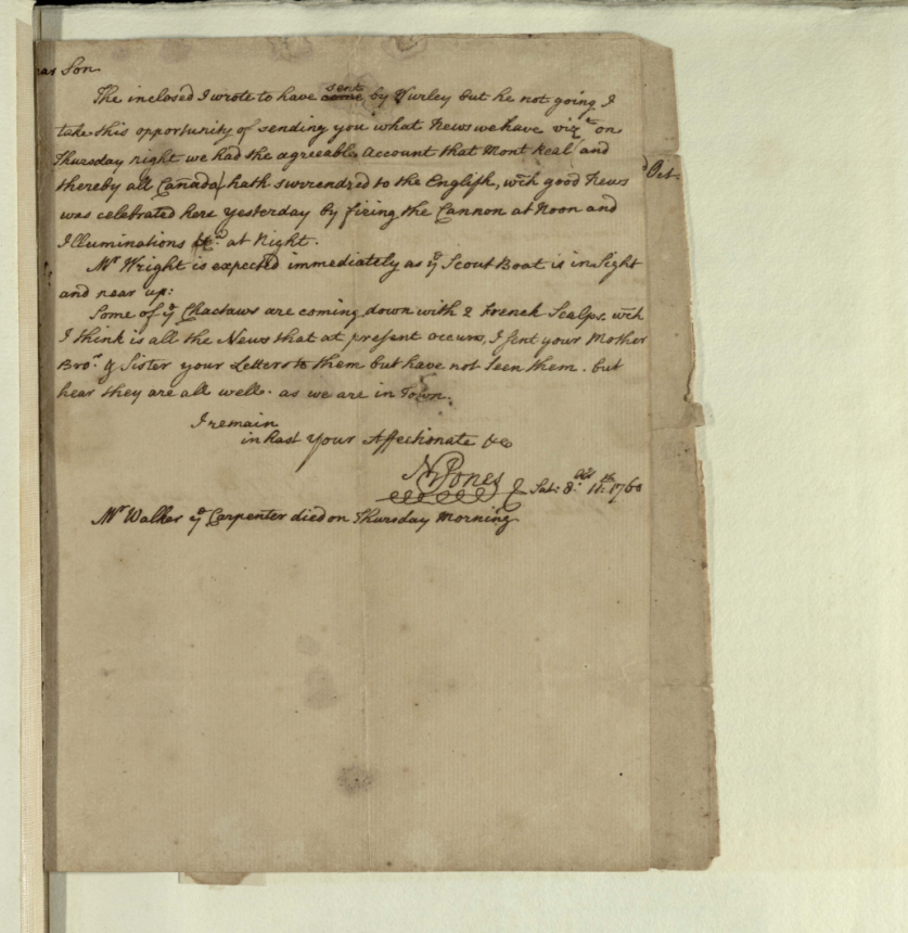 Letter from Noble Jones circa 1760. Courtesy of UGA Libraries Special Collections. 