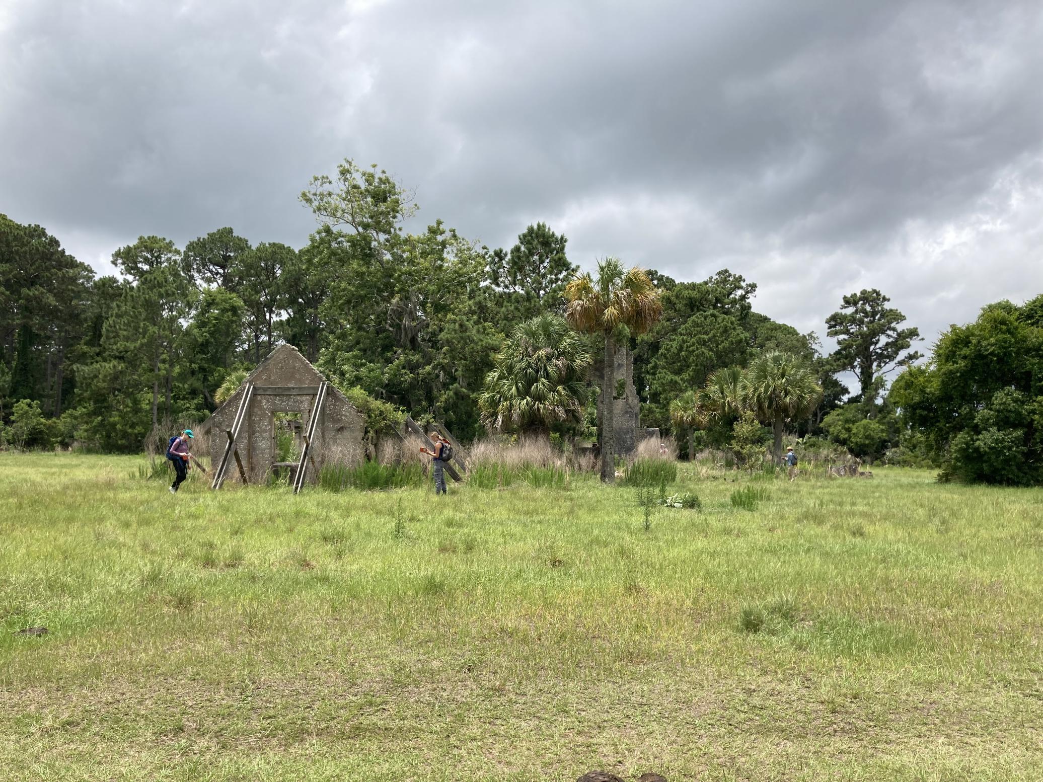 "Students on the 2022 Interdisciplinary Field Program record observations on a 19th-century structure at the site of Chocolate Plantation on Sapelo Island, Georgia." -Megan Conger