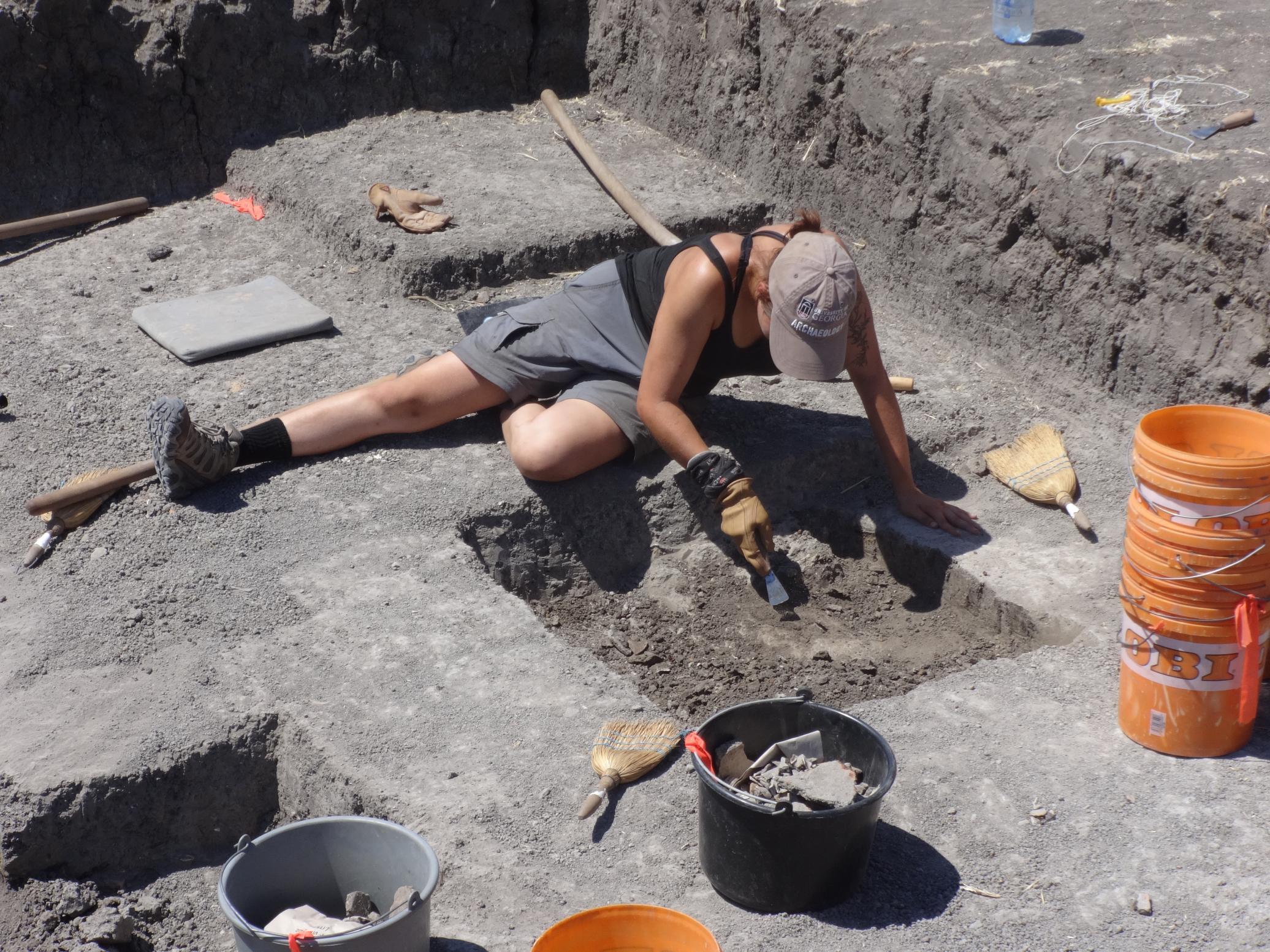 "In this picture, I am excavating the edge of a pit feature at a Bodrogkeresztúr site during the 2022 field season for the Copper Age Settlement Project (CASP) in Békés, Hungary." -Victoria Nuccio