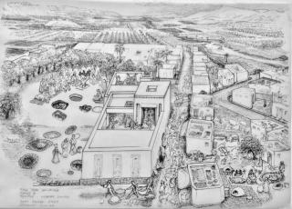 Artistic illustration of the landscape around the Early Bronze IV village at Tell Abu en-Ni‘aj, Jordan. View facing south depicts fields and pastures along the Jordan Rift, which is bounded by the Transjordanian Plateau to the east and the Southern Levantine Central Hills to the west. In the foreground, village houses, sherd-paved streets, a broad room temple, and lamb burials in the temple forecourt are depicted on the basis of remains excavated from Phase 6 (modeled ∼ 2483–2452 cal BCE). Artwork by Gary J