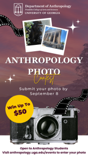 Anthropology photo contest flyer: maroon purple background with white text on top: Department logo/anthropology photo contest