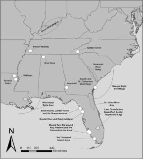 Black and white map of southeastern US with labels of field sites