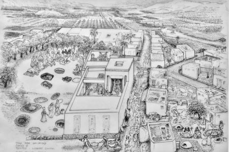 Artistic illustration of the landscape around the Early Bronze IV village at Tell Abu en-Ni‘aj, Jordan. View facing south depicts fields and pastures along the Jordan Rift, which is bounded by the Transjordanian Plateau to the east and the Southern Levantine Central Hills to the west. In the foreground, village houses, sherd-paved streets, a broad room temple, and lamb burials in the temple forecourt are depicted on the basis of remains excavated from Phase 6 (modeled ∼ 2483–2452 cal BCE). Artwork by Gary J