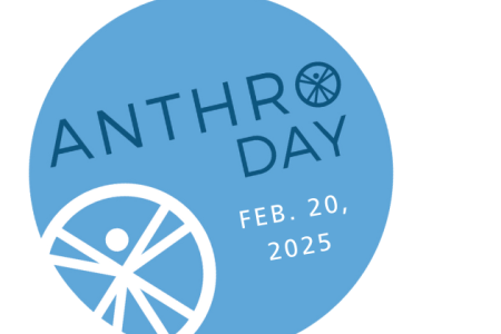 Blue circle with text: AnthroDay Feb. 20, 2025