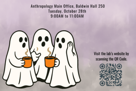Flyer for Spooky Coffee Hour with ghosts drinking out of orange coffee cups