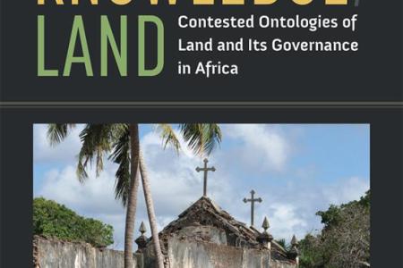 book cover "power/knowledge/land contested ontologies of land and its governance in africa" Laura a. German, photo of old buildings with crosses on top