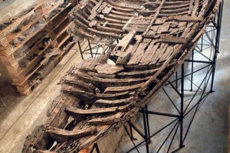 The Kyrenia ship's wooden hull on display in Cyprus