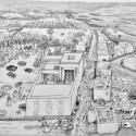 Artistic illustration of the landscape around the Early Bronze IV village at Tell Abu en-Ni‘aj, Jordan. View facing south depicts fields and pastures along the Jordan Rift, which is bounded by the Transjordanian Plateau to the east and the Southern Levantine Central Hills to the west. In the foreground, village houses, sherd-paved streets, a broad room temple, and lamb burials in the temple forecourt are depicted on the basis of remains excavated from Phase 6 (modeled ∼ 2483–2452 cal BCE). Artwork by Gary J