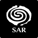 white worlpool logo for the school for advanced research on top of dark back ground. The abbreviation SAR is below in white text